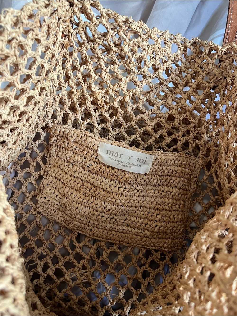 Mar Y Sol Tan Pom-Pom Tote Bag with Brown Handles - Picture 3 of 5